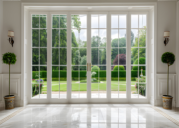 open-prestigous-white-patio-doors-view-large-garden-with-lawn-trees-hedges-bright